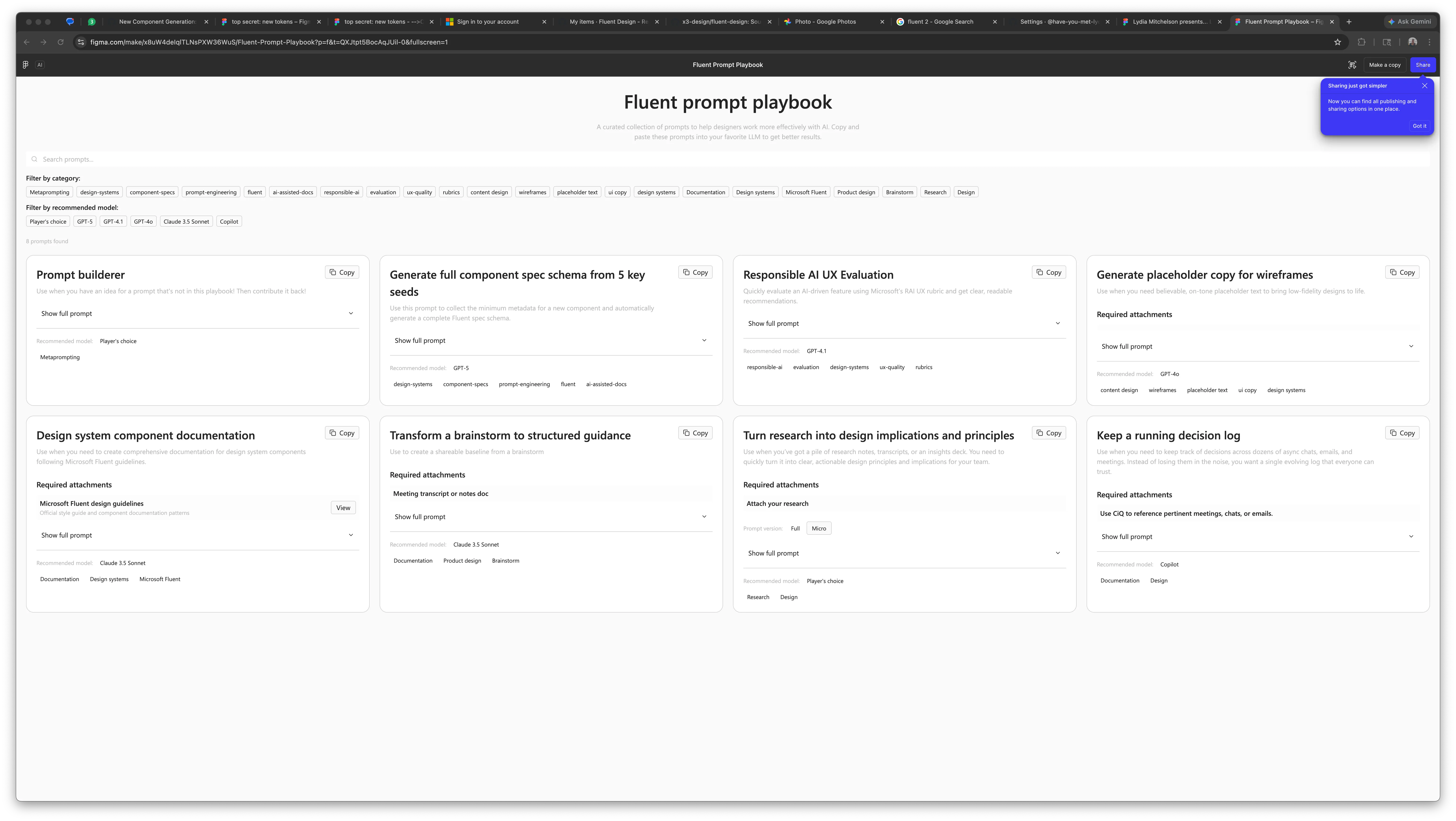Fluent Prompt Playbook on Figma Make: 8 prompt cards visible spanning component spec generation, Responsible AI UX evaluation, placeholder copy, documentation, brainstorm-to-guidance, research-to-principles, decision logging, and a metaprompt for contribution. Filter rails for category and recommended model.