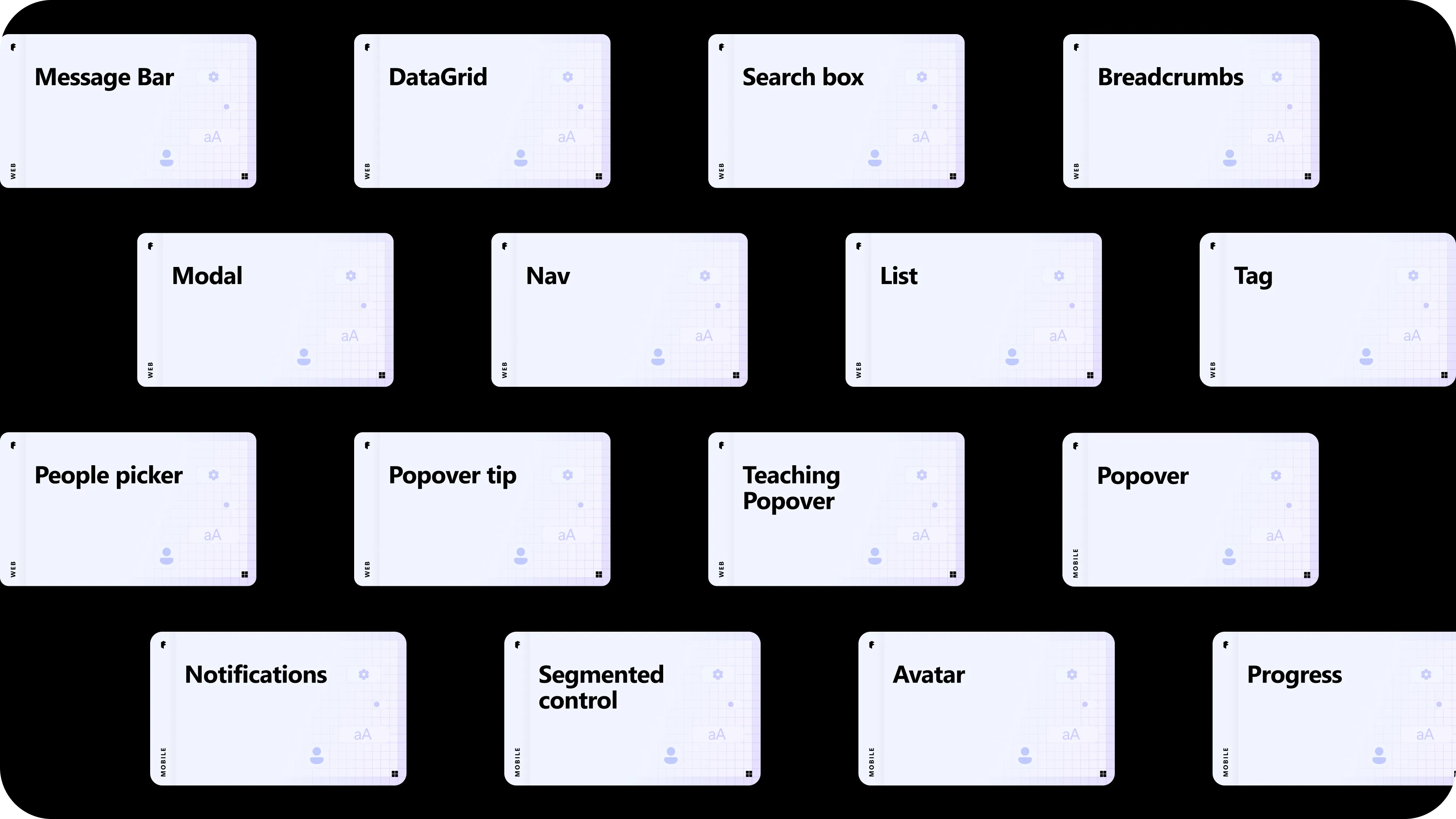 Inventory of V14.0.0 components systematized using the template, spanning web and mobile platforms