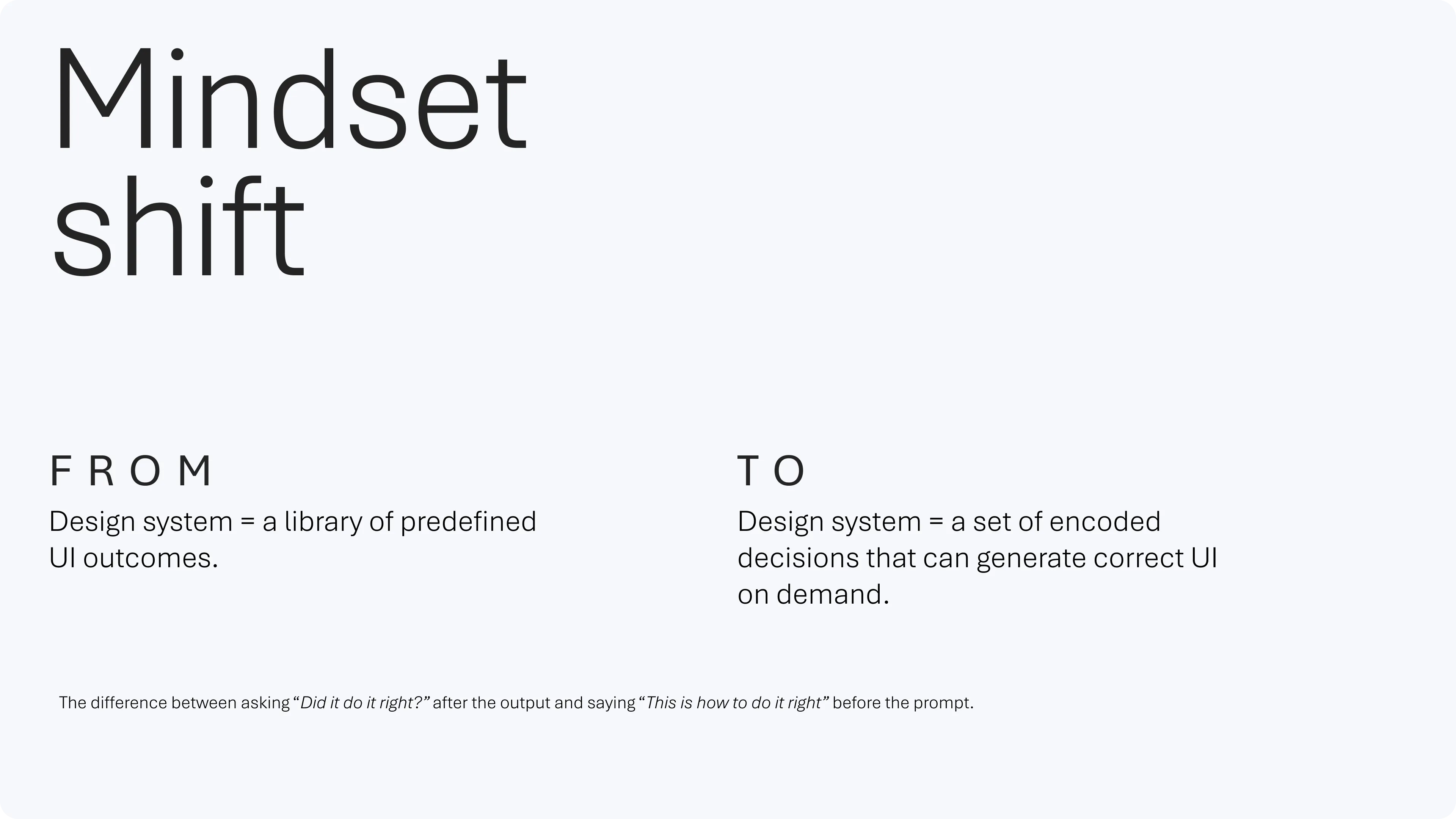 Mindset shift slide. FROM: Design system = a library of predefined UI outcomes. TO: Design system = a set of encoded decisions that can generate correct UI on demand. Caption: the difference between asking "Did it do it right?" after the output and saying "This is how to do it right" before the prompt.