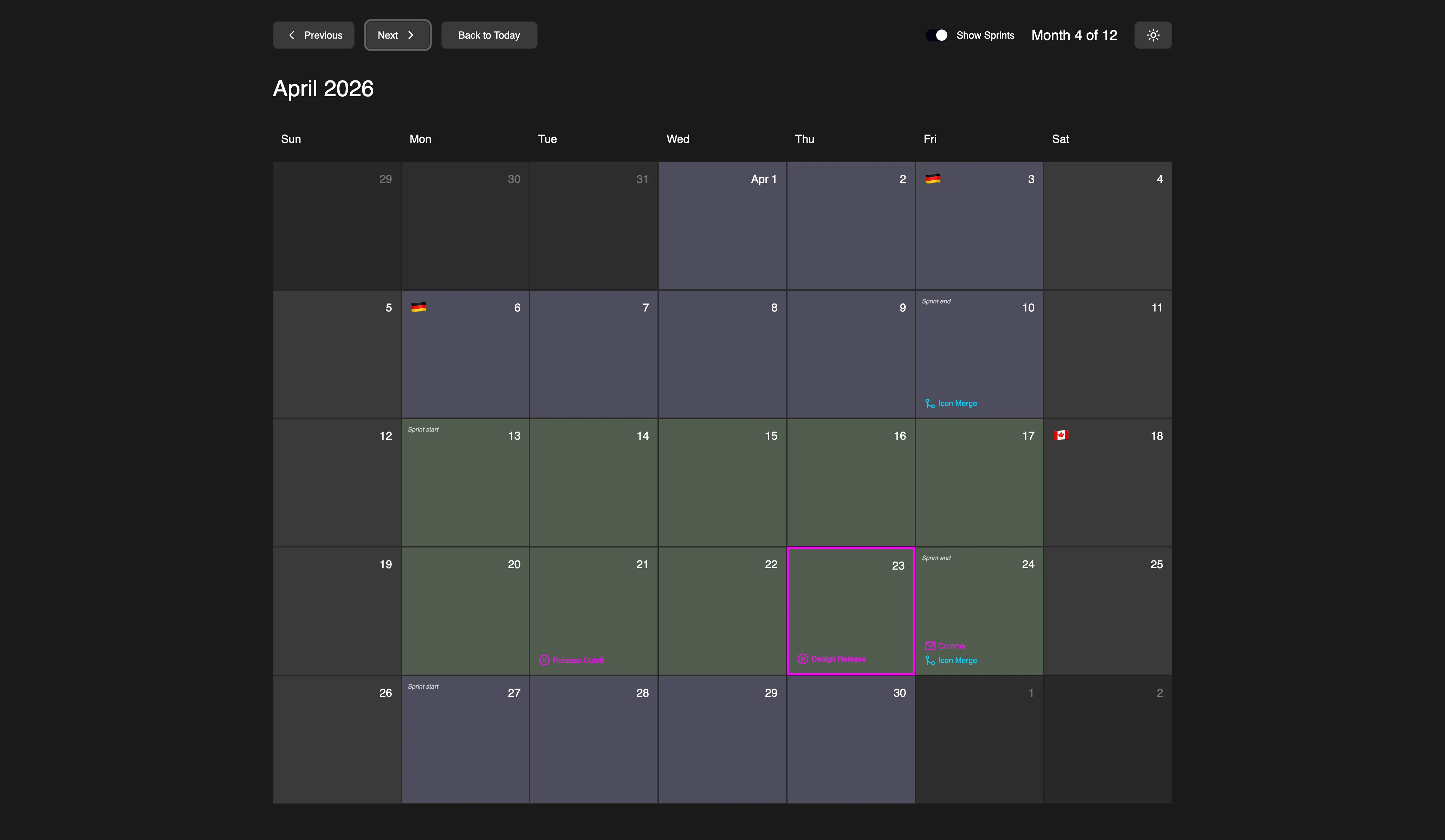 Fluent April 2026 release calendar in dark mode. Seven-day grid showing the month. Green-shaded days mark sprint cycles, with Sprint start markers on Mondays and Sprint end on Fridays. A pink-bordered Thursday April 23 highlights the Design Release. Friday April 24 carries a Comms marker and an Icon Merge marker. Flags mark holidays (German flag April 1 and 6, Canadian flag April 17). Toggle controls at the top right show the user can toggle sprints and switch months.