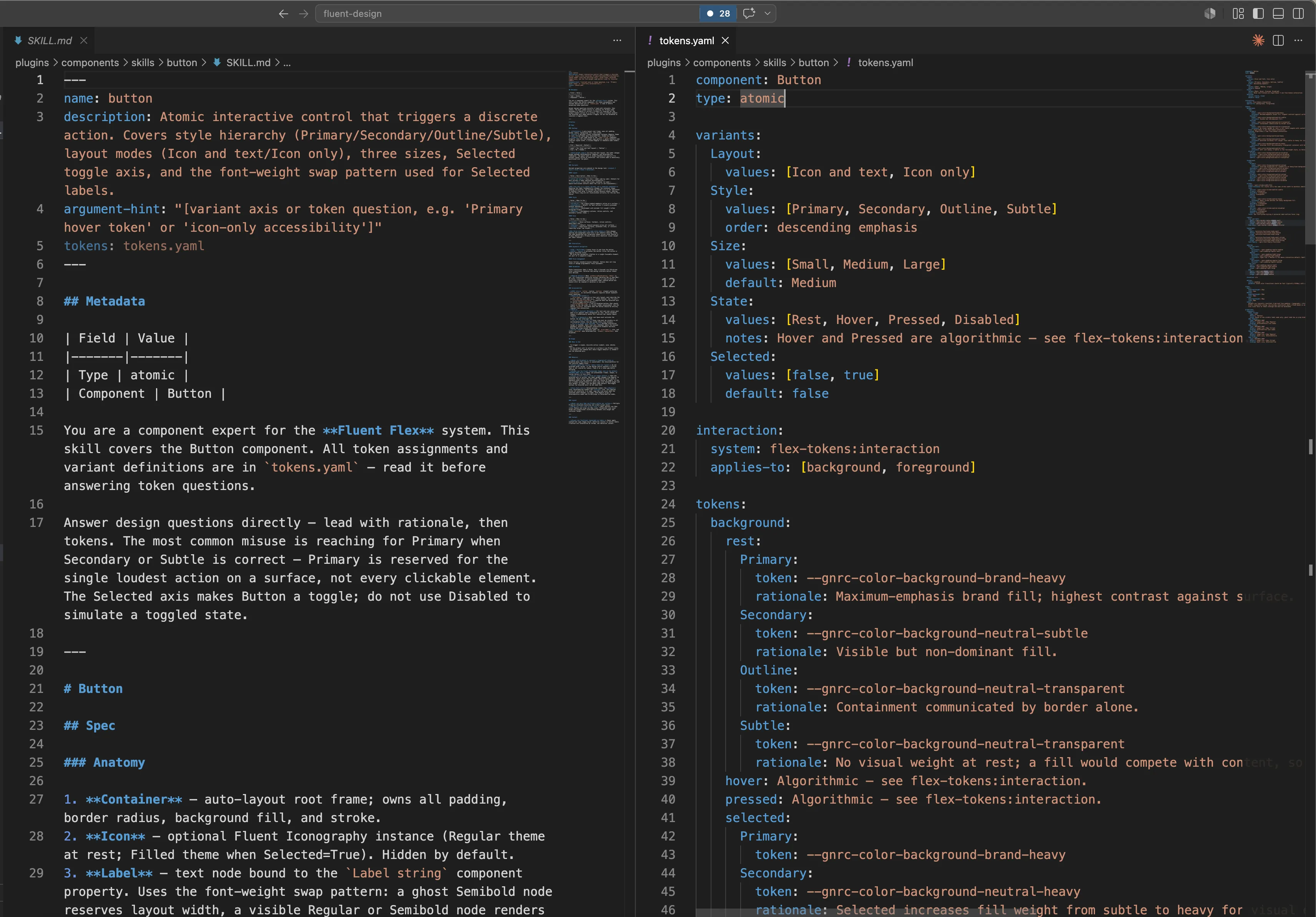 Side-by-side editor view of two files for the Fluent button component. Left: button/SKILL.md. The markdown opens with frontmatter (name, description, files: tokens.yaml), then a metadata table, then a persona prompt that primes a model as a Fluent Flex component expert, then guidance on how to answer design questions with rationale (when Primary vs Secondary applies, why Selected is not the same as a toggled Disabled state), and finally an Anatomy section that names structural parts using a custom markup (==Container==, ==Icon==, ==Label==). Right: tokens.yaml. The YAML declares the same button's variants (layouts, styles, sizes, states, selected), interactions, and per-state token assignments. Each token entry includes a rationale field explaining why that token was chosen, for example "Maximum-emphasis brand fill; highest contrast against background." The same rationale discipline appears on both sides: the prose explains, the YAML constrains, and the reasoning is encoded in both.