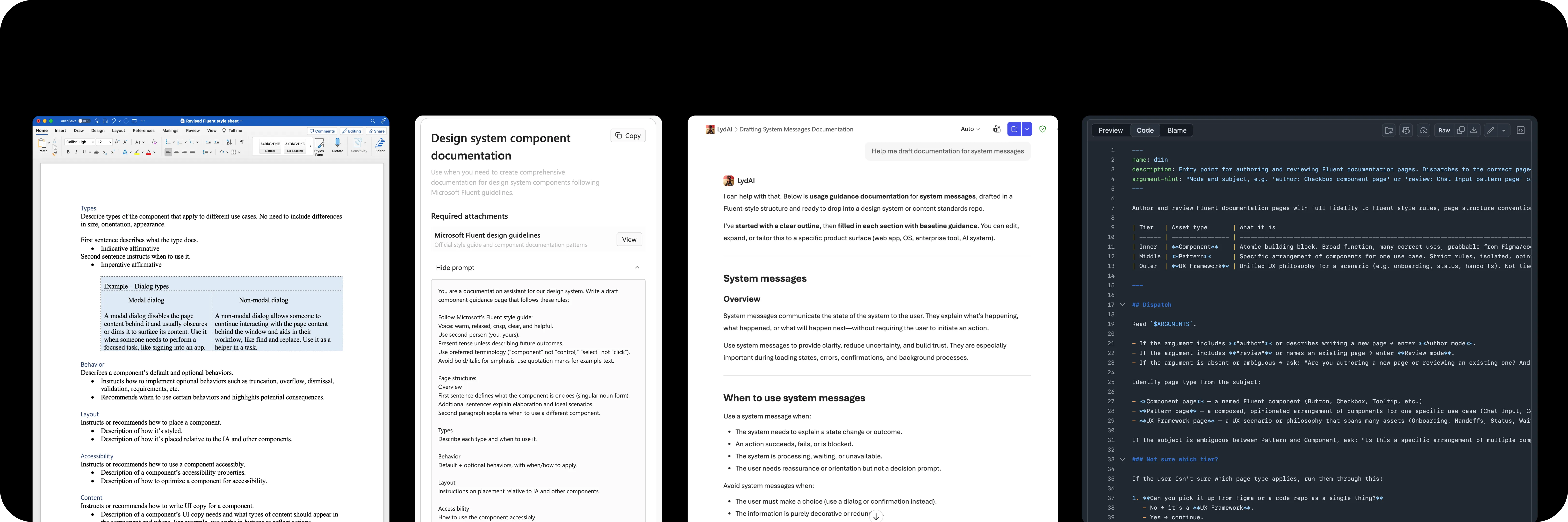 Four-panel arc showing the evolution. Left to right: the original Fluent Style Sheet as a Word document (structured-authoring infrastructure I authored years earlier for human contributors), a prompt detail for Design system component documentation, a Copilot agent (LydAI) showing system messages and instructions, and a markdown skill file in the fluent-design repo.